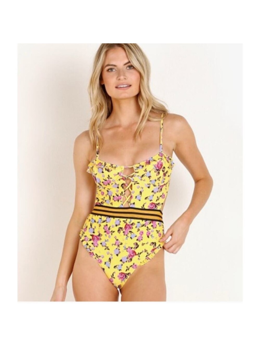 For Love & lemons Paulina Yellow Floral One-Piece Swimsuit with Lace-Up Front